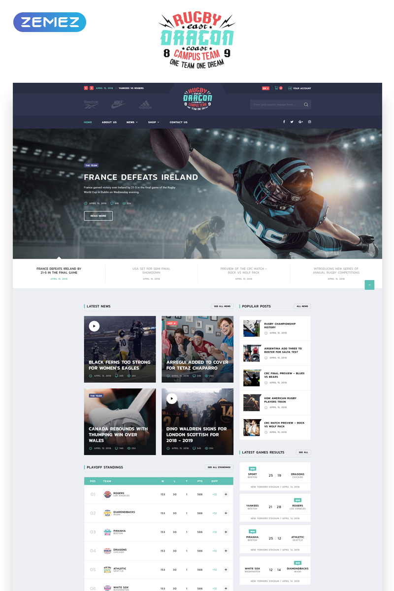 Reebok – Rugby Multipage HTML5 Website Template