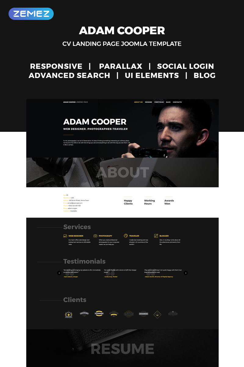 Adam Cooper – Photographer Portfolio Landing Joomla Template