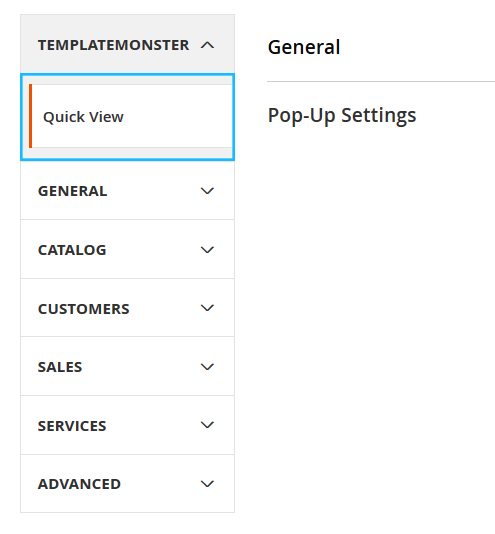  Then in the panel on the left, tap TemplateMonster. Then choose Quick View to go to the module settings interface.