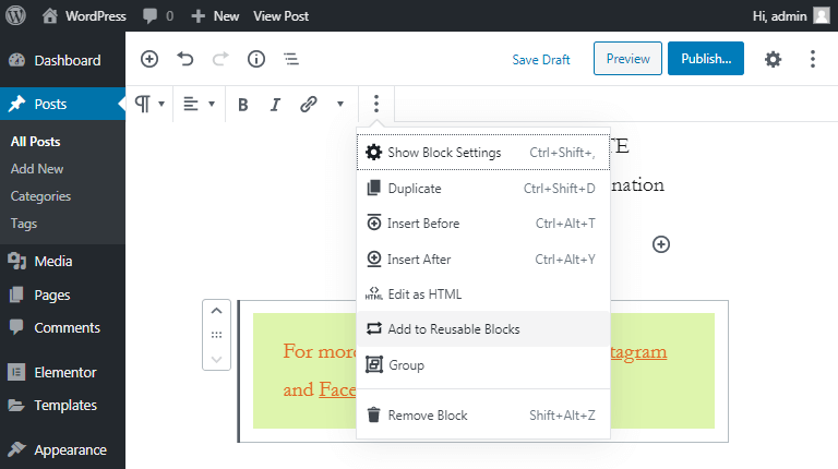 save as reusable block in gutenberg