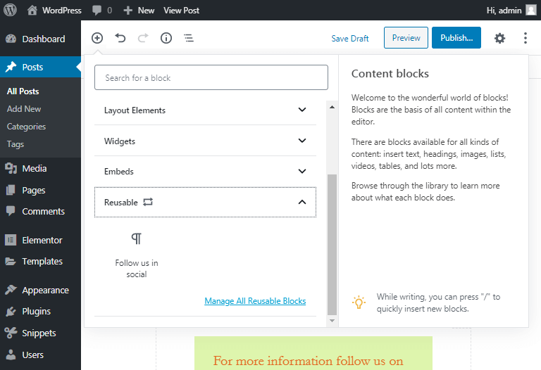 save as reusable block in gutenberg