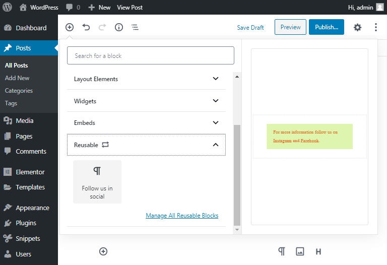 save as reusable block in gutenberg