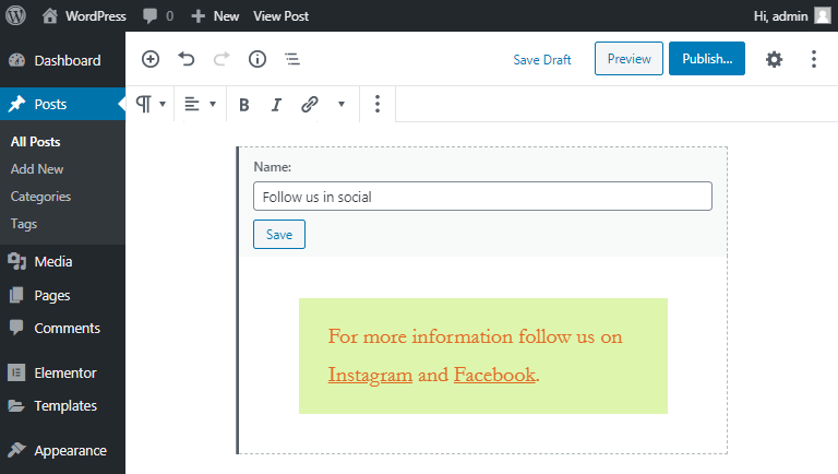 save as reusable block in gutenberg