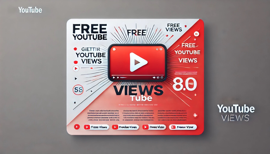 A clean and simple horizontal banner for an article about getting YouTube views for free. Features a large centered YouTube play button icon, minimal text reading 'Free YouTube Views' in bold and modern typography, and a clean gradient background in red and white. Avoid any clutter or overlapping elements, keeping the design minimal and professional.